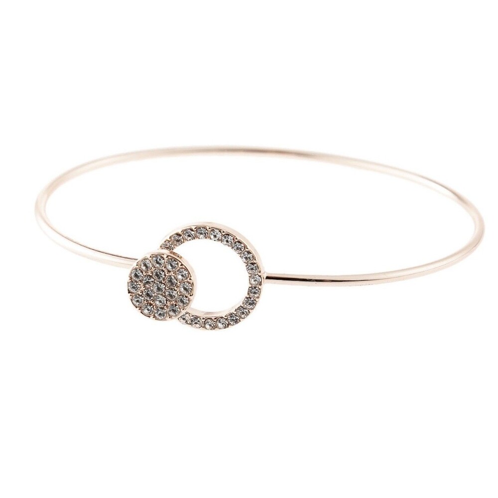 Rose Gold Pave Rhinestone Double Circle Open Bangle Bracelet Geometric Luxe NEW